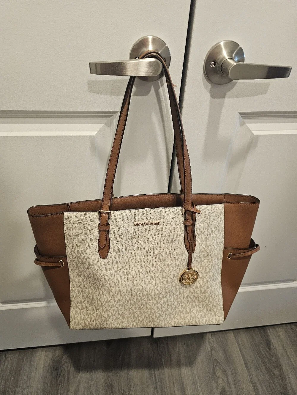 Michael Kors Cream and Brown Logo Tote with Gold Charm